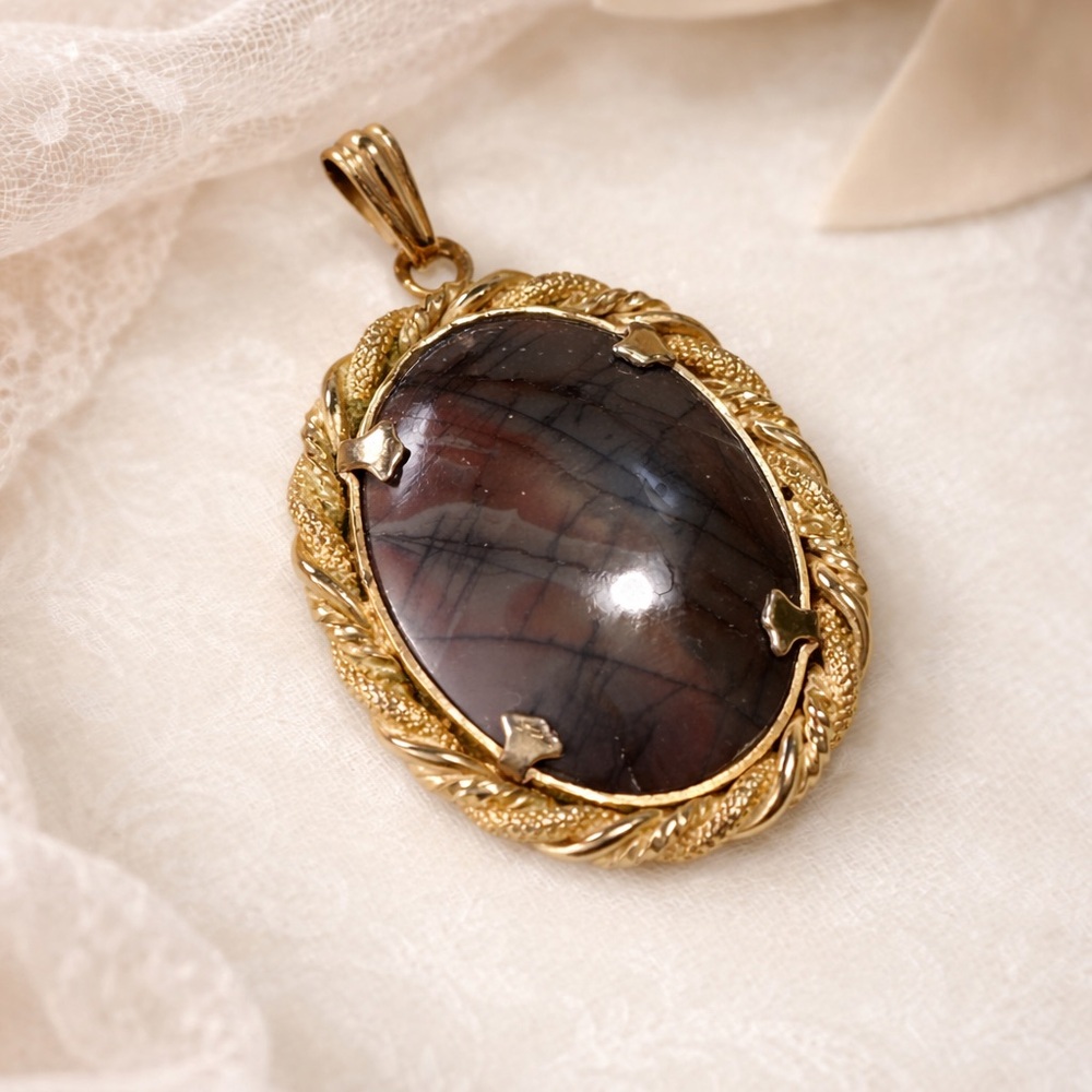 Vintage Large Art Glass Cabochon Pendant Gold Tone Rope Frame Statement Necklace